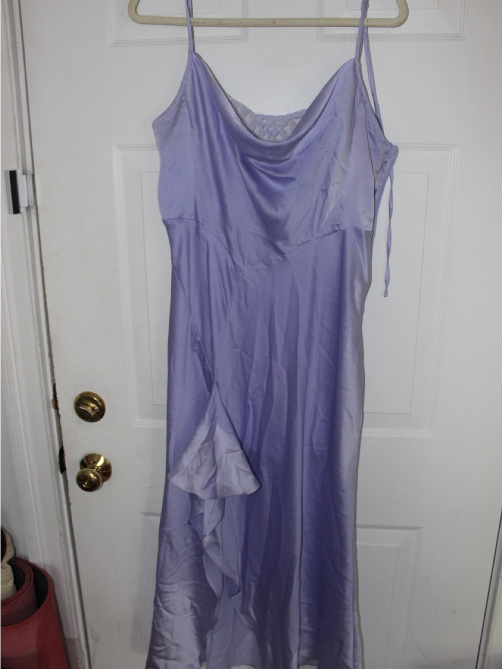 Cowl-Neck Lavender Maxi Slip Dress with Ruffle Detail
